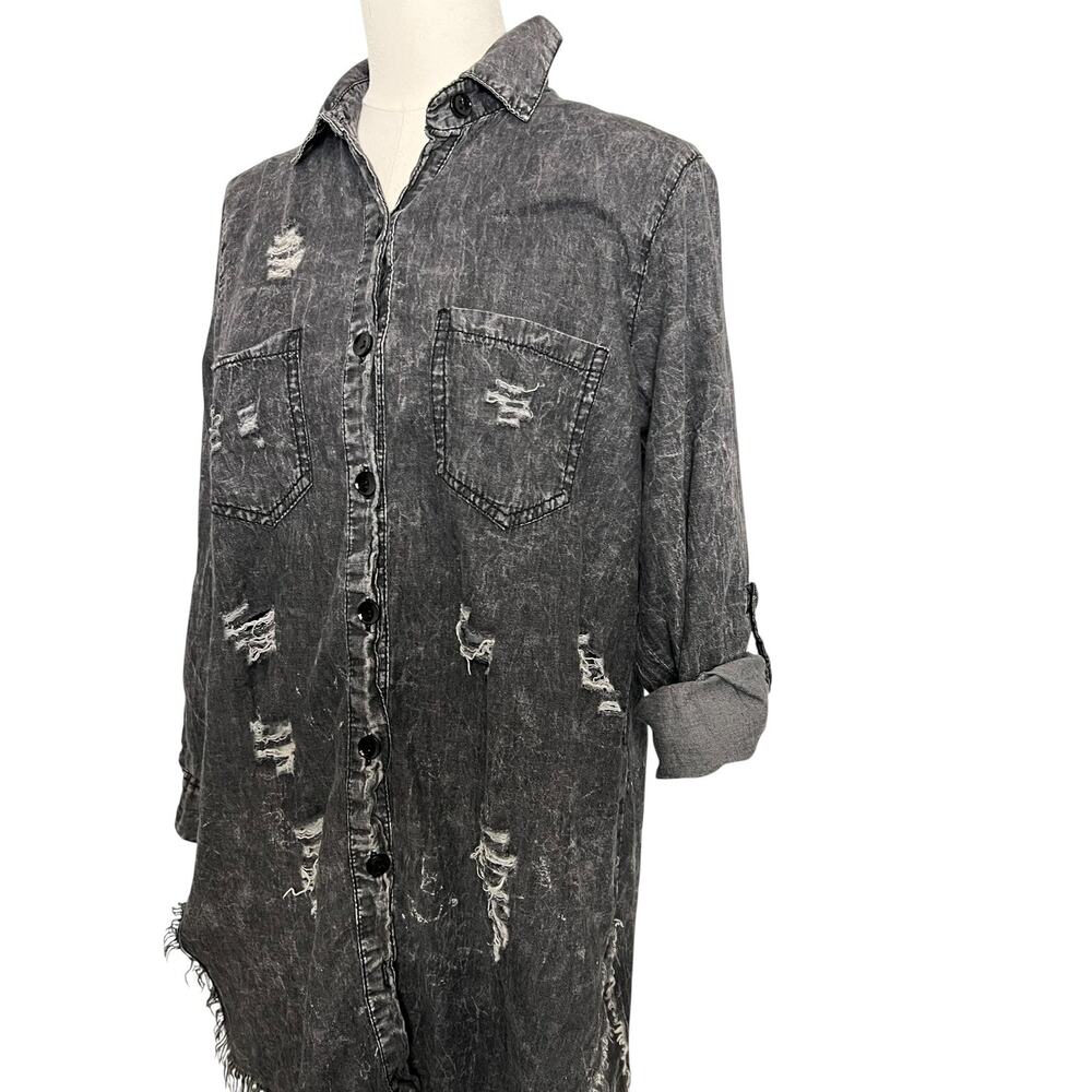 Thrill Jeans Shirt Dress Womens Large Gray Distressed Blessed Grateful Thankful - Picture 3 of 9